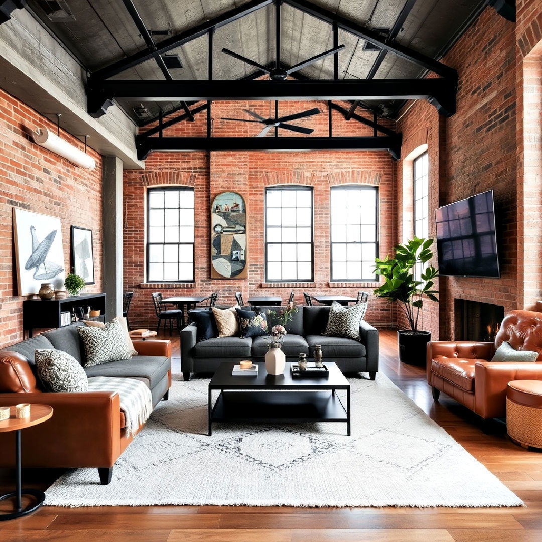 industrial vibe exposed steel beams - 25 Exposed Beam Living Room Ideas