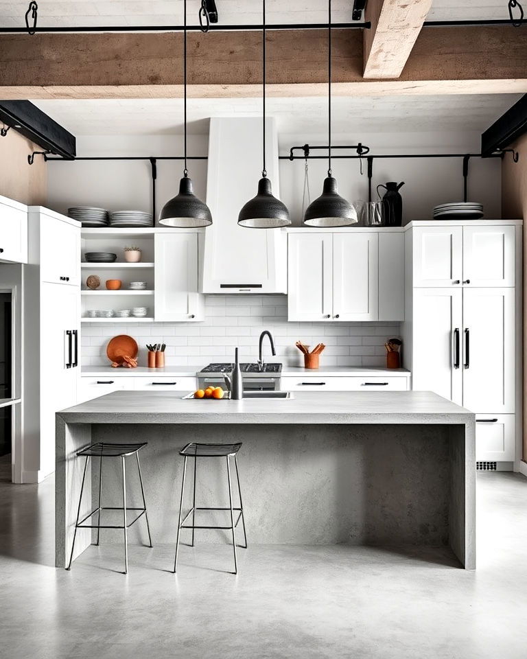 industrial vibe grey concrete island for kitchen - 15 White Kitchen Cabinets With Grey Island Ideas