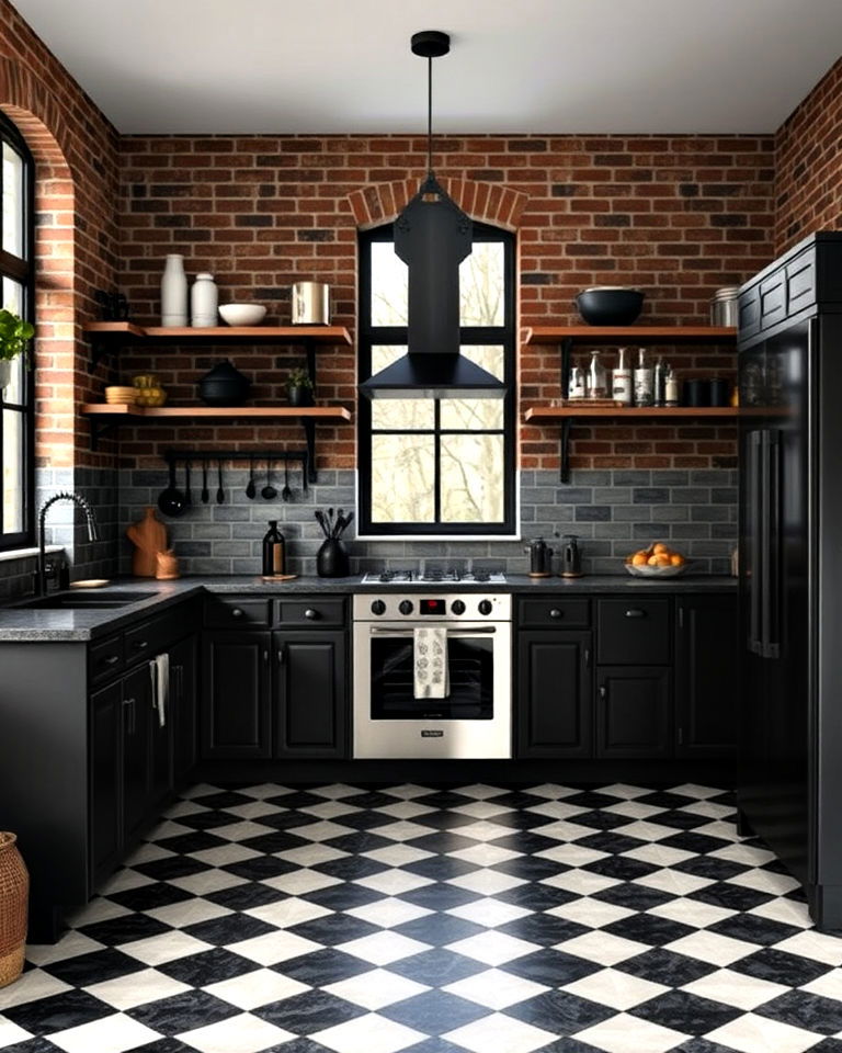 industrial vibe kitchens with checkered floor - 25 Kitchens With Checkered Floors