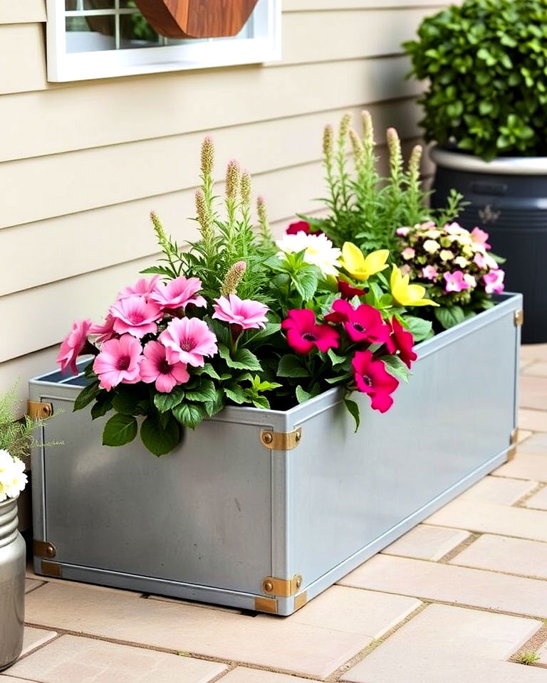 industrial vibe metal trough planters - 30 Planter Box Ideas
