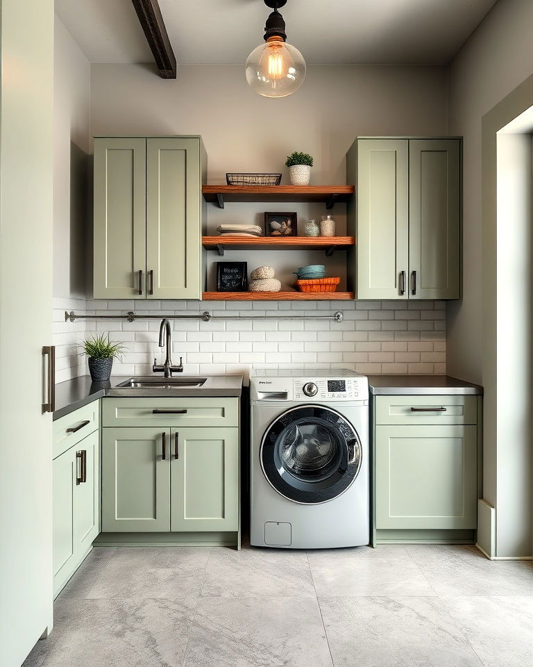 industrial vibe sage green and metal laundry room - 15 Sage Green Laundry Room Ideas