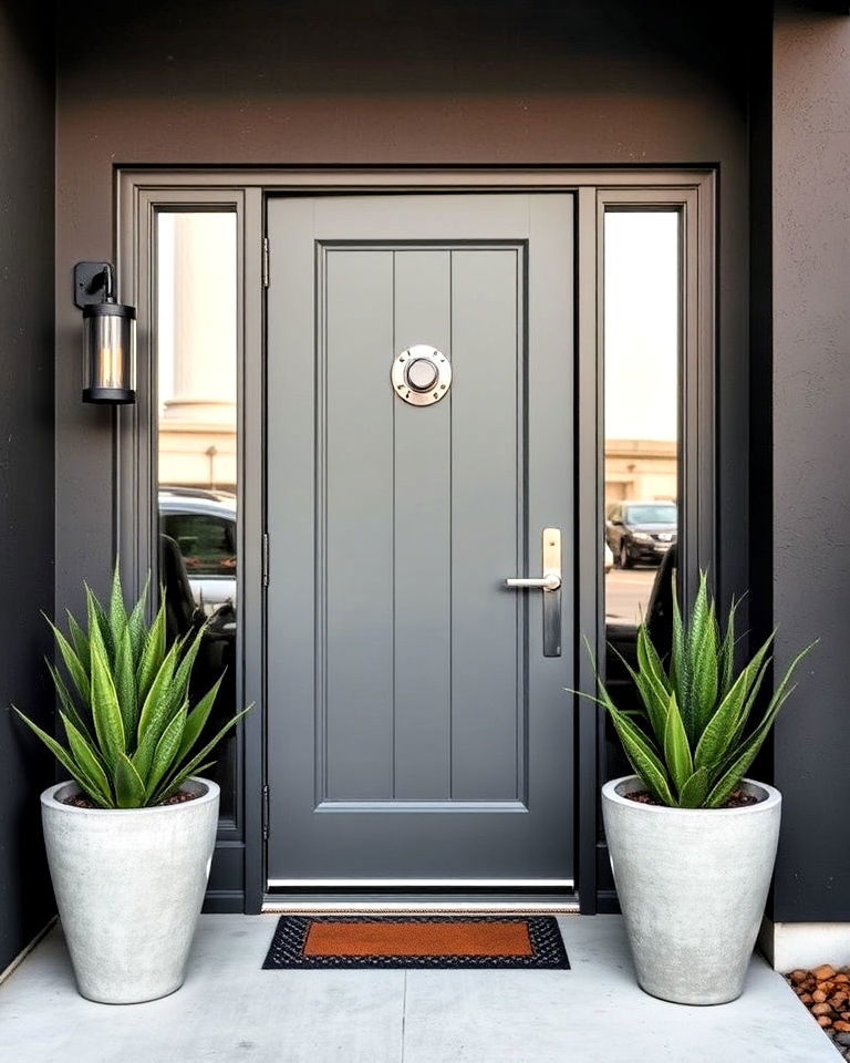 industrial vibe steel grey front door - 25 Grey Front Door Ideas