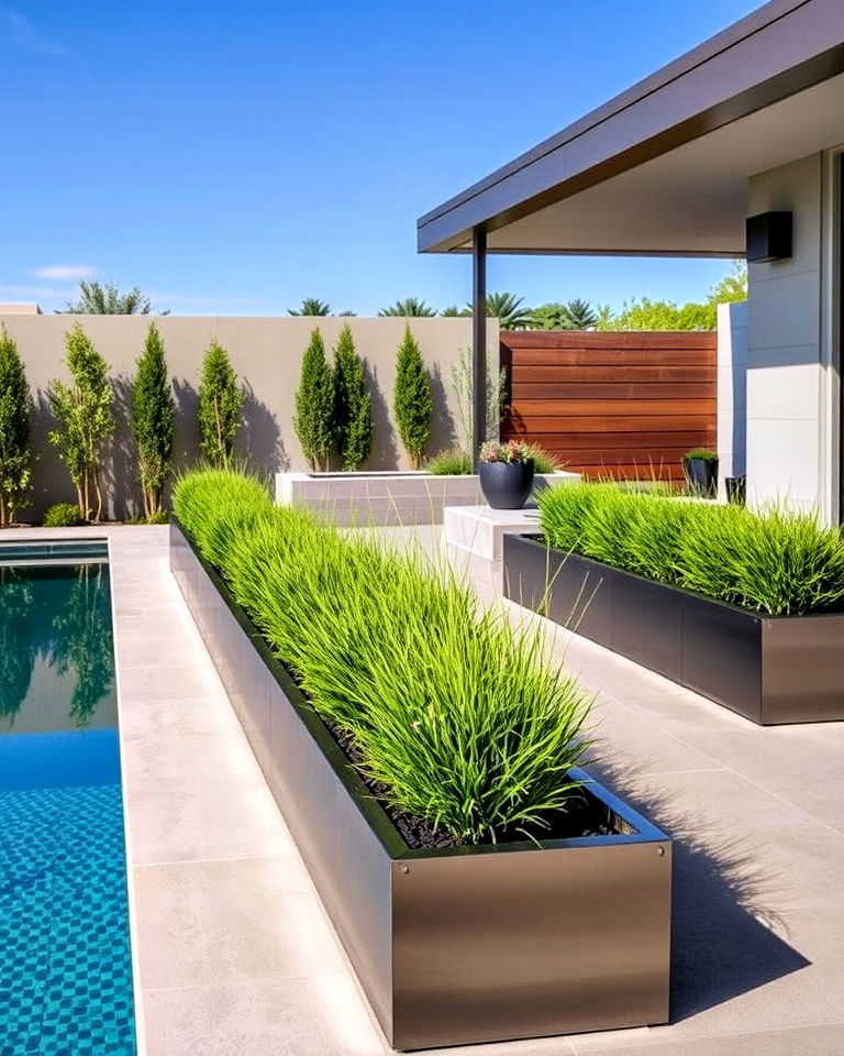 industrial vibe steel trough planters - 30 Pool Planter Ideas