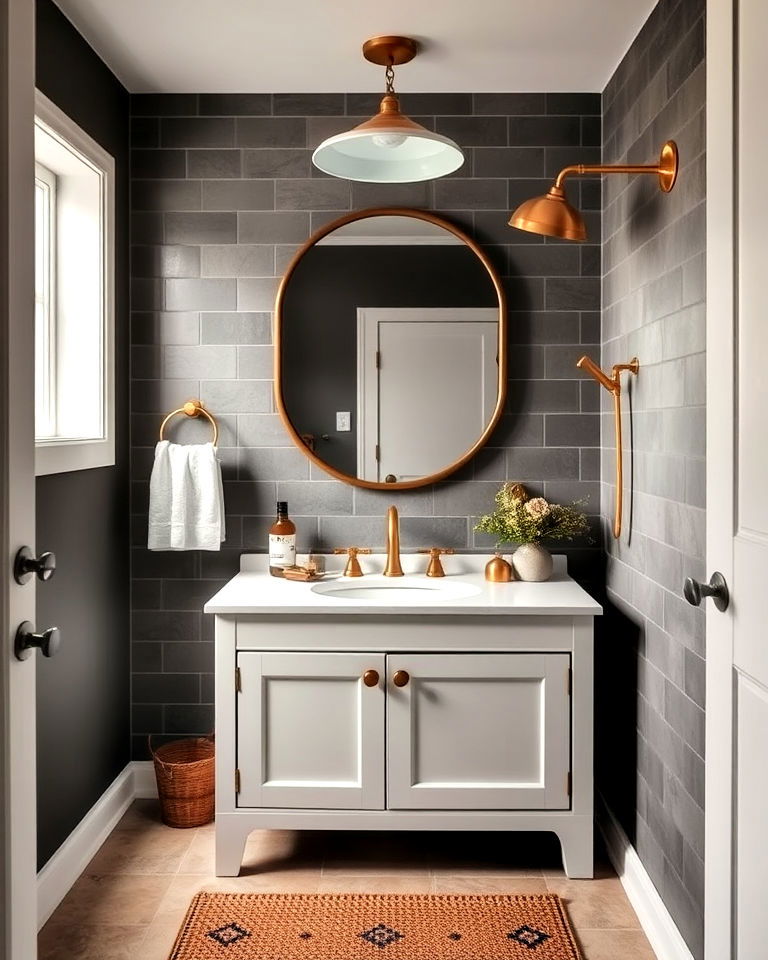 industrial vibe vintage brass fixtures - 20 Masculine Bathroom Ideas