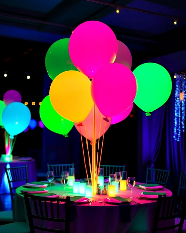 insert glow sticks inside balloons for neon effect - 25 Balloon Centerpiece Ideas