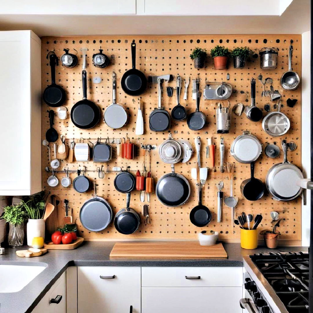 install a pegboard to keep countertops clear - 30 Small Galley Kitchen Ideas on a Budget