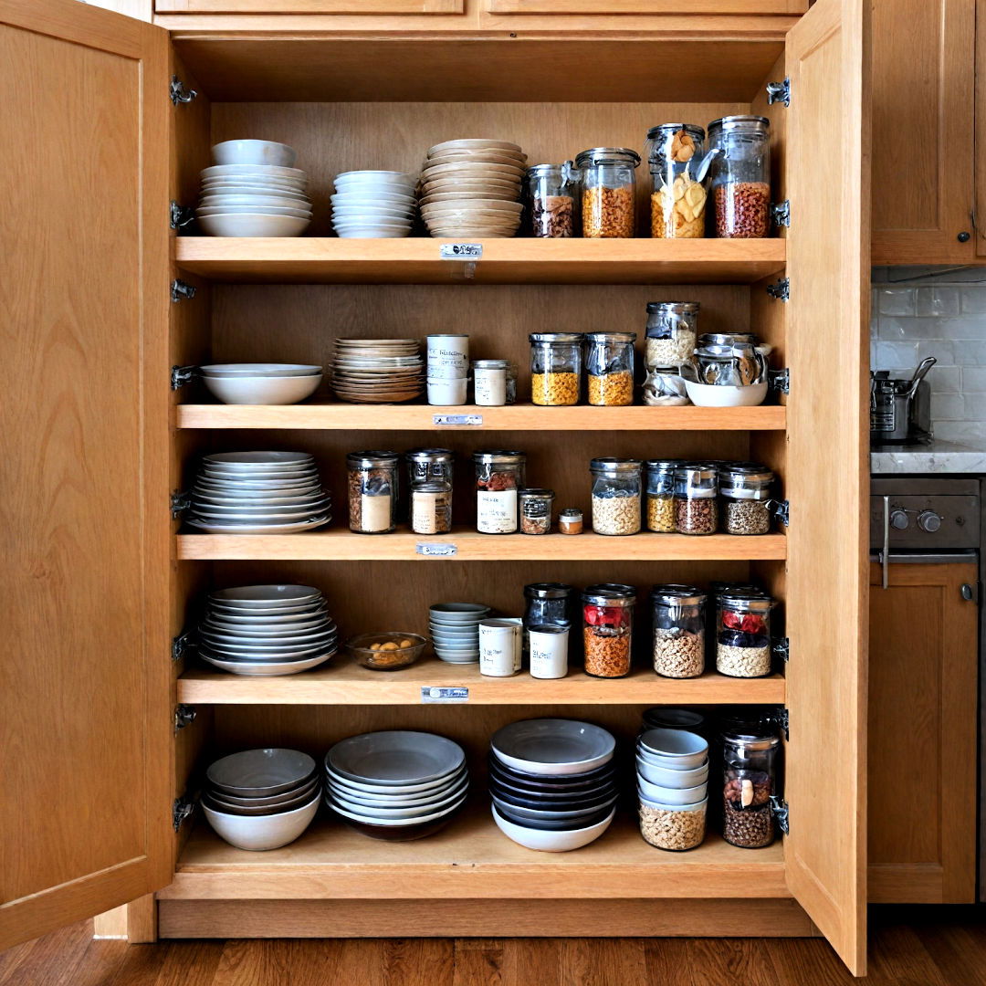install adjustable shelving to customize cabinet space - 40 Kitchen Organization Ideas