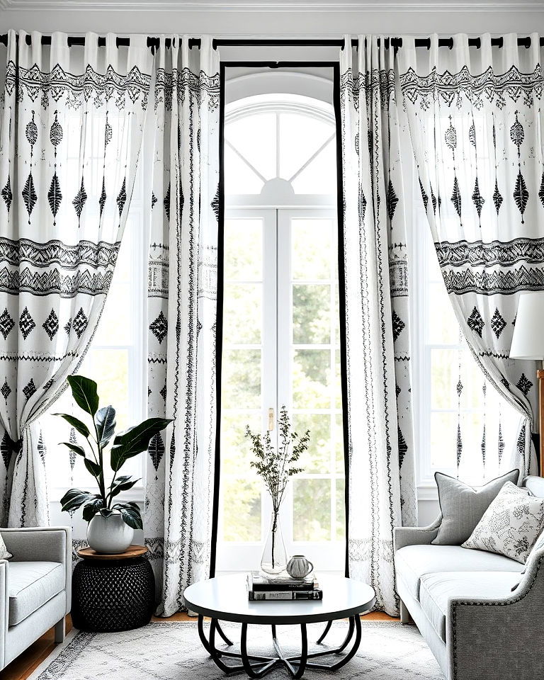 install black and white curtains - 20 Black and White Boho Living Room Ideas