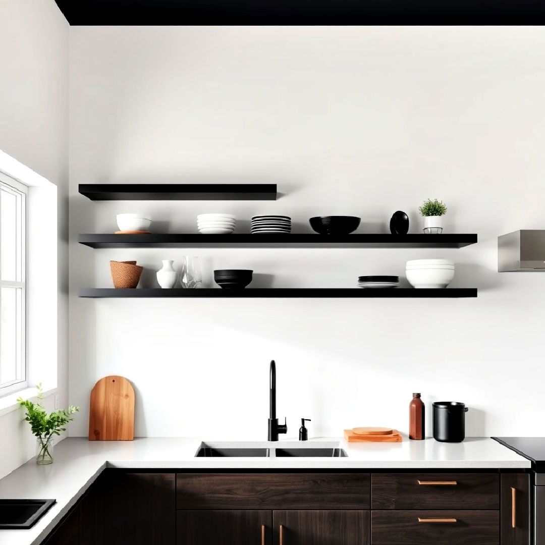 install black floating shelves on white wall - 40 Black and White Kitchen Ideas