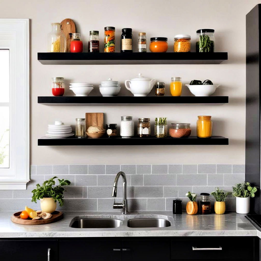 install black floating shelves - 40 Black Kitchen Ideas
