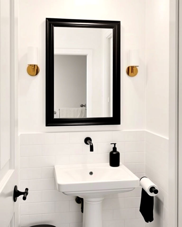 install black framed mirror on white wall - 20 Black and White Powder Room Ideas