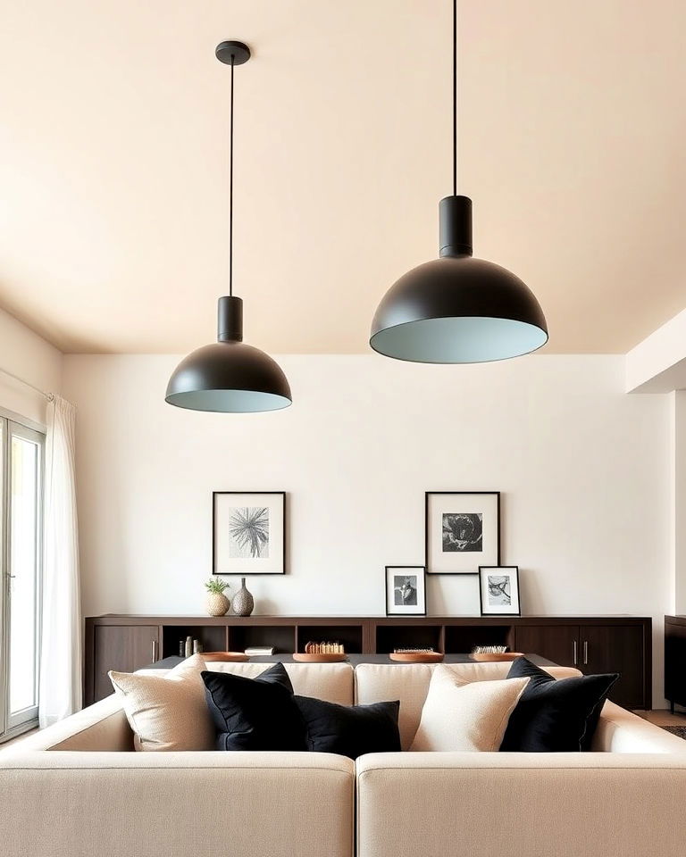 install black pendant lighting with beige ceiling - 30 Black and Beige Living Room Ideas