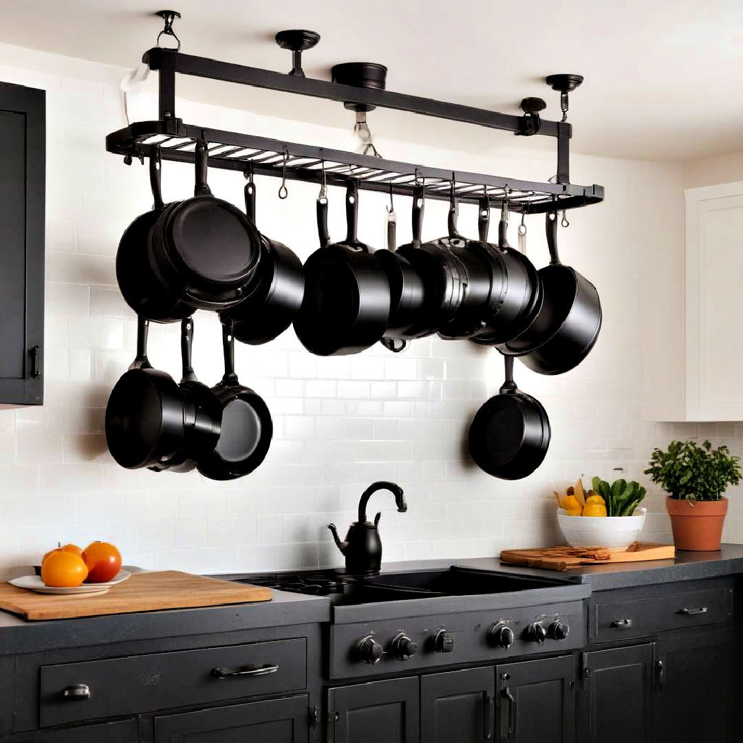 install black pot rack - 40 Black Kitchen Ideas