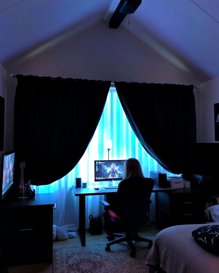 install blackout curtains - 20 Gamer Girl Room Ideas