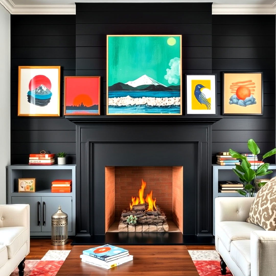 install bold artwork - 40 Black Shiplap Fireplace Ideas