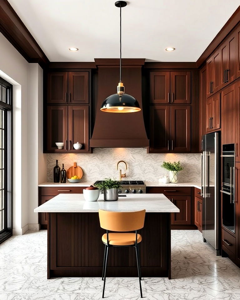 install bold lighting fixture - 25 Brown Kitchen Cabinets Ideas