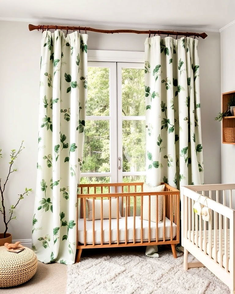 install branch curtain rods - 20 Nature Themed Nursery Ideas