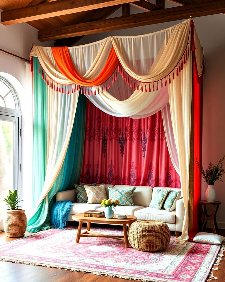 install colorful canopies - 30 Bohemian Maximalist Decor Ideas