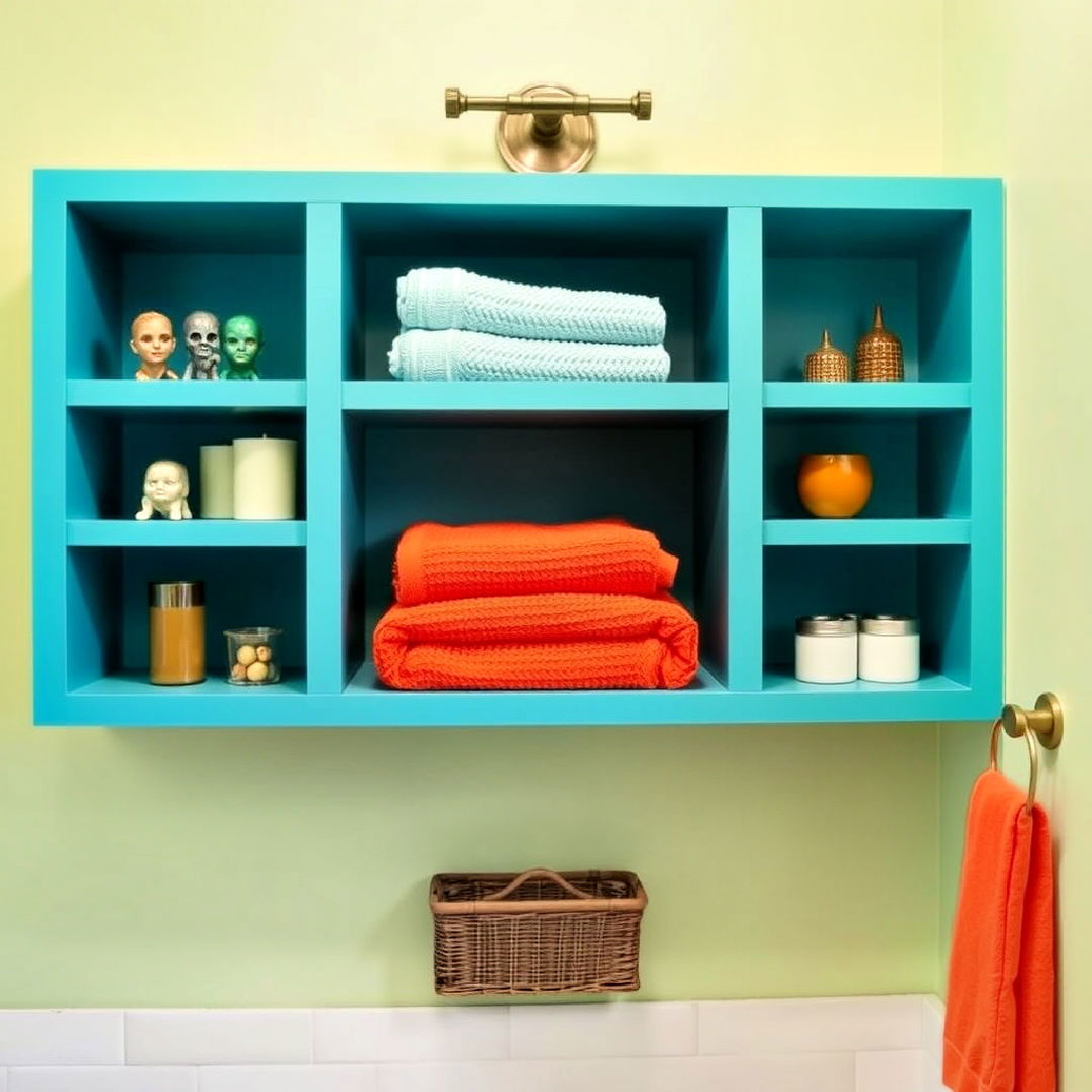 install colorful open shelving - 25 Colorful Bathroom Ideas