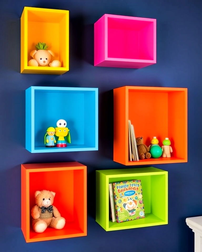 install colorful wall shelves - 40 Toddler Room Ideas