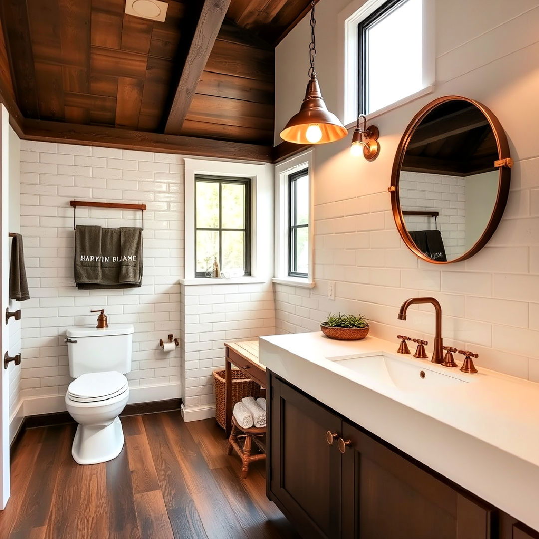 install copper fixtures - 25 Dark Wood Floor Bathroom Ideas