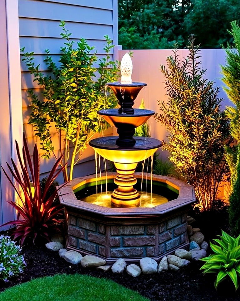 install corner fountain with lighting - 30 Corner Landscaping Ideas