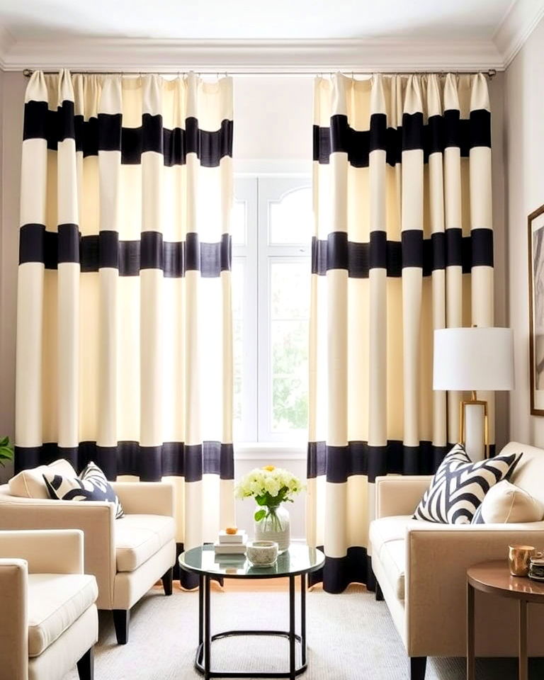 install cream and black striped curtains - 35 Cream and Black Bedroom Ideas