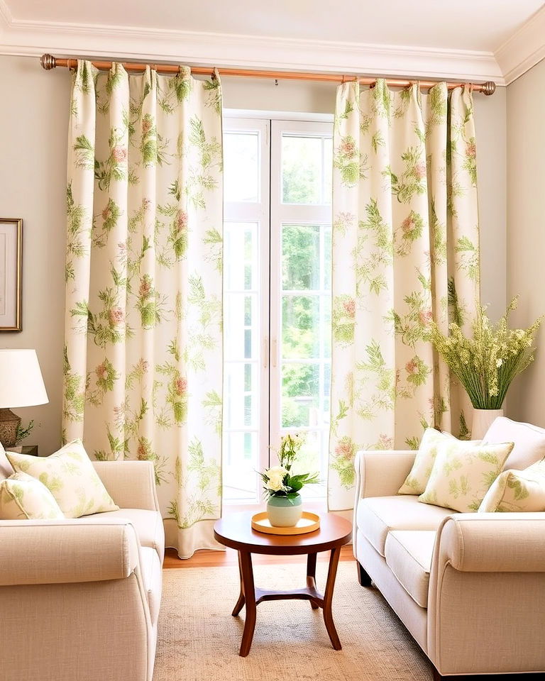 install cream and sage green floral curtains - 25 Sage Green and Cream Living Room Ideas