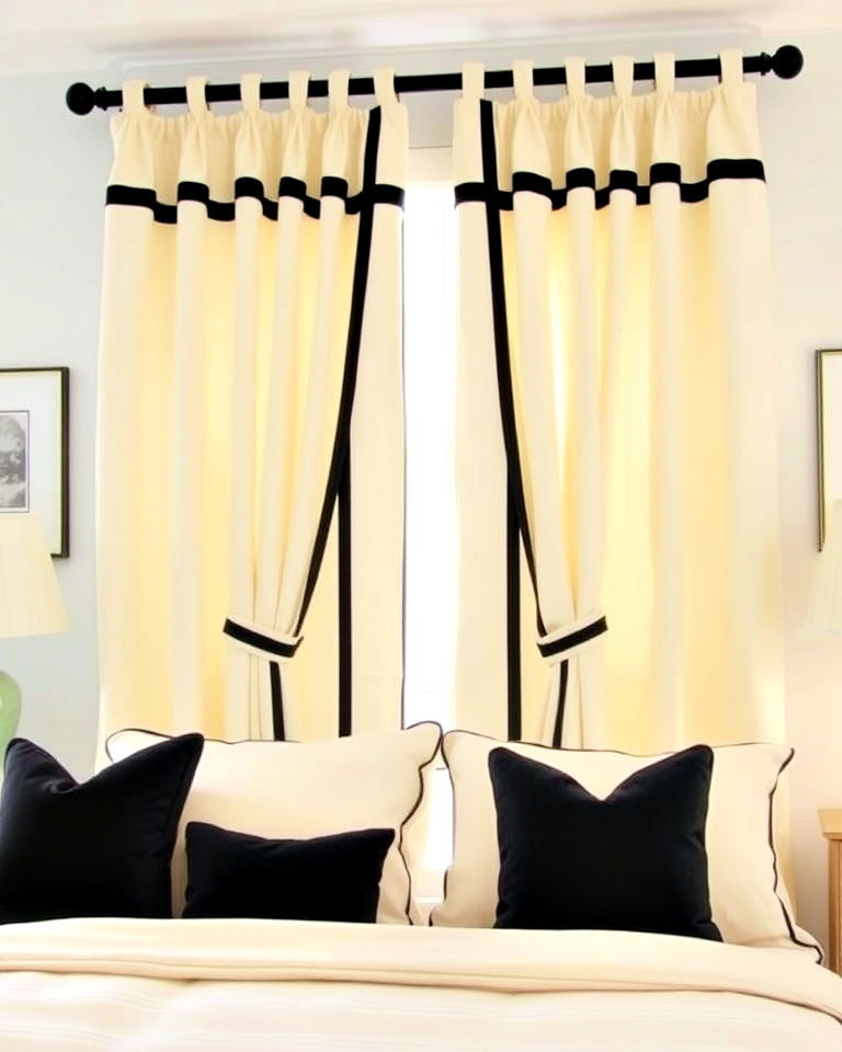 install cream drapes with black borders - 35 Cream and Black Bedroom Ideas