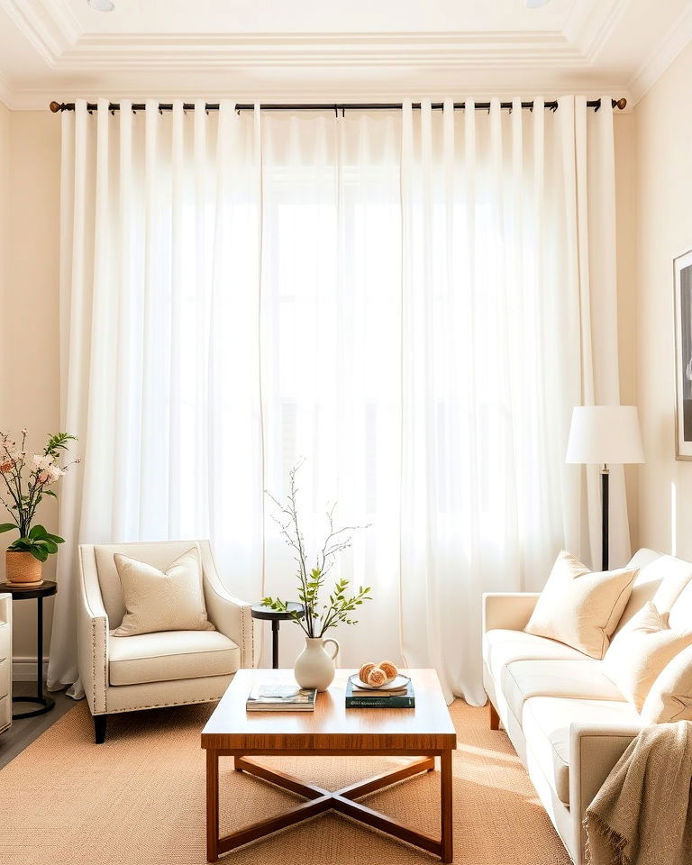 install crisp white curtains - 20 Beige and White Living Room Ideas