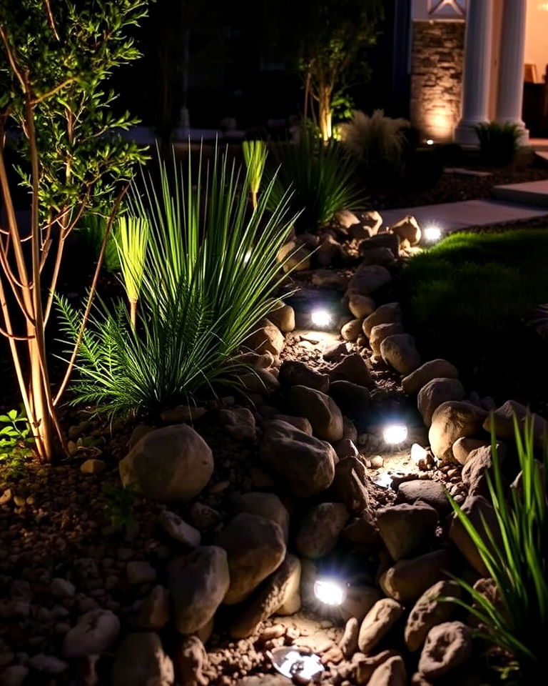 install decorative low profile lighting - 30 Front Yard Dry Creek Bed Landscaping Ideas