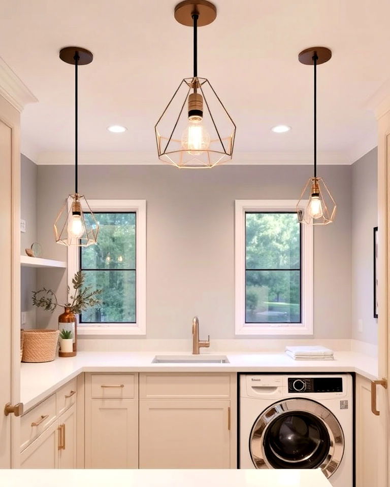 install decorative pendant lighting - 30 Luxury Modern Laundry Room Ideas