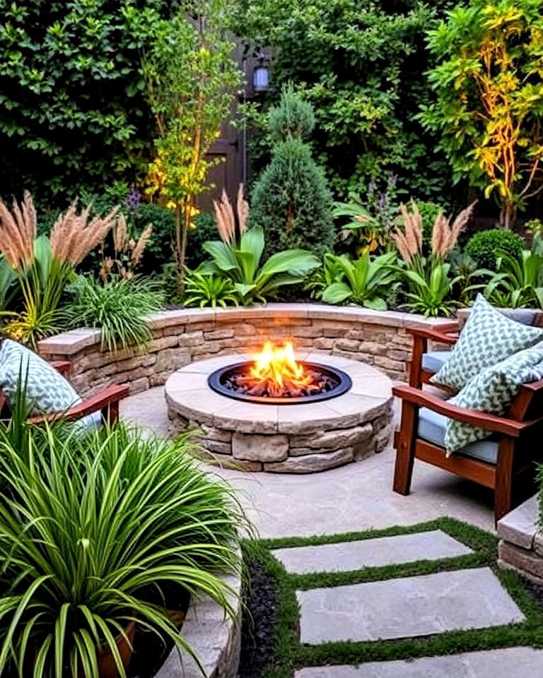 install fire pit surrounded by greenery - 25 Aesthetic Garden Ideas