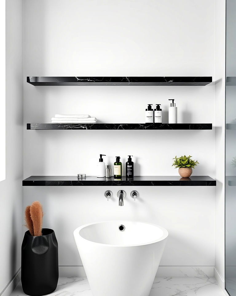 install floating black marble shelf - 20 Black Marble Bathrooms
