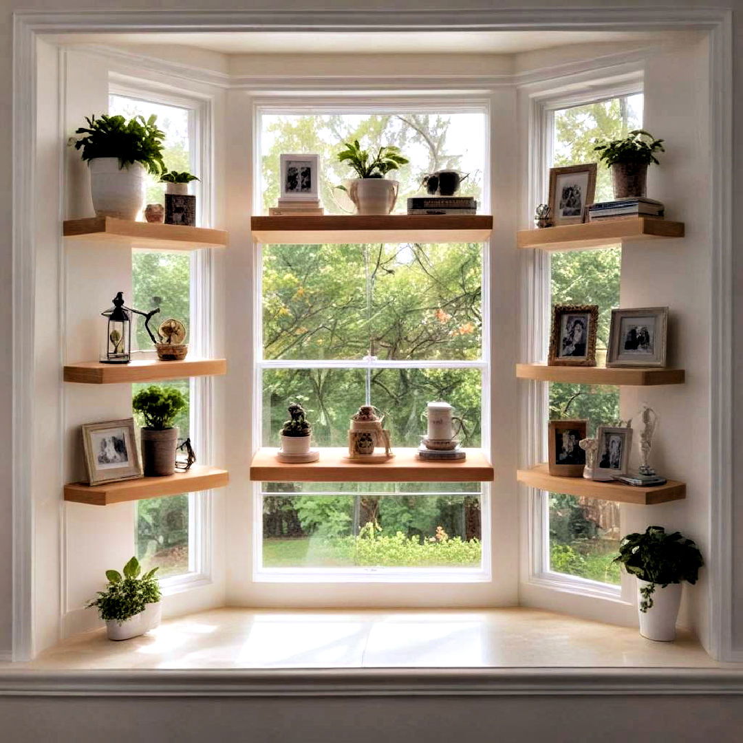 install floating display shelves - 40 Bay Window Ideas