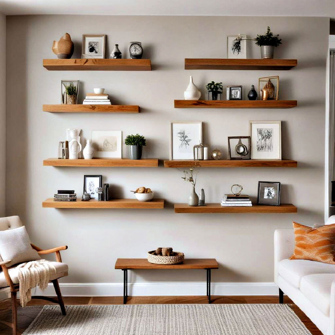 install floating shelves - 40 Neutral Living Room Ideas