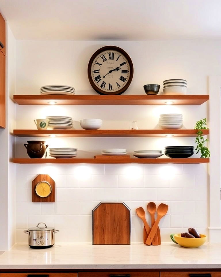 install floating shelves with integrated lighting - 40 Mid-century Modern Kitchen Ideas