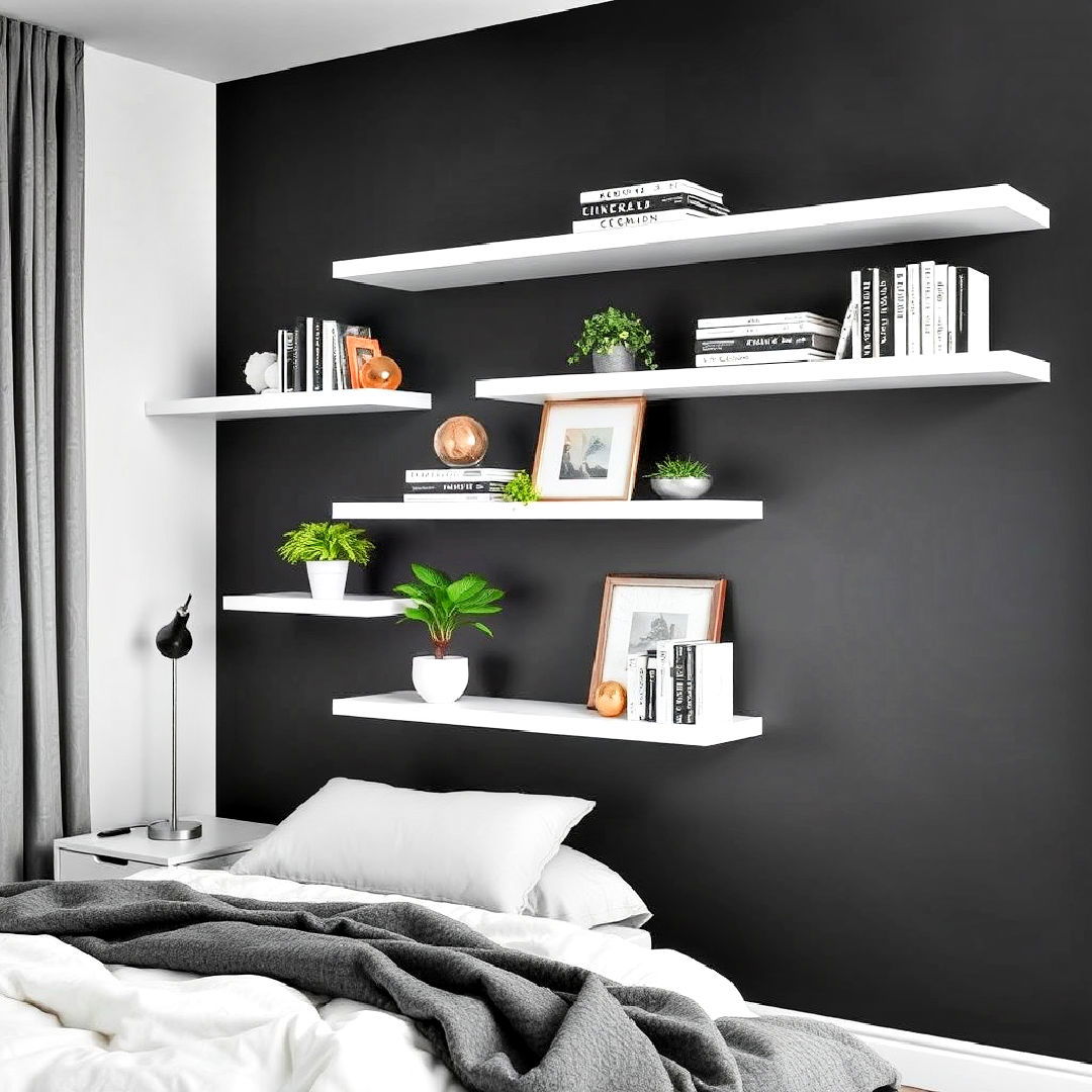 install floating white shelves - 40 Black and White Bedroom Ideas