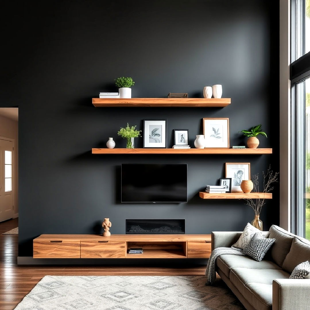 install floating wooden shelves - 25 Organic Modern Living Room Design Ideas