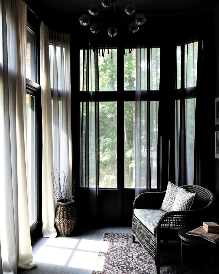 install floor to ceiling curtains - 20 Black Sunroom Ideas