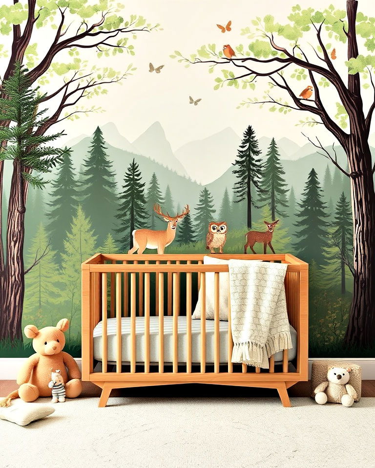 install forest themed wall murals - 25 Woodland Nursery Ideas
