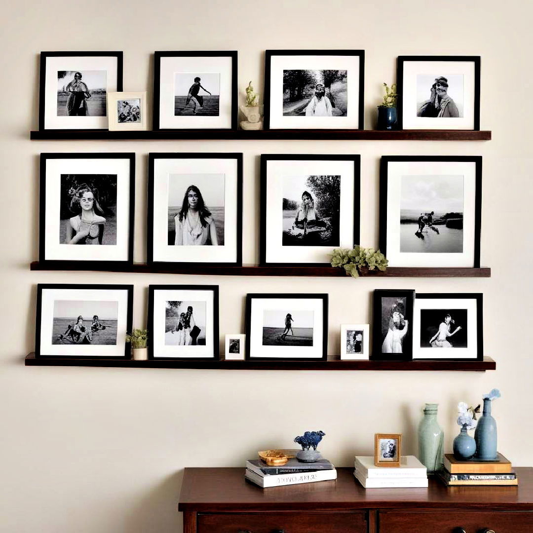 install gallery ledges to display framed photos - 30 Preppy Room Ideas