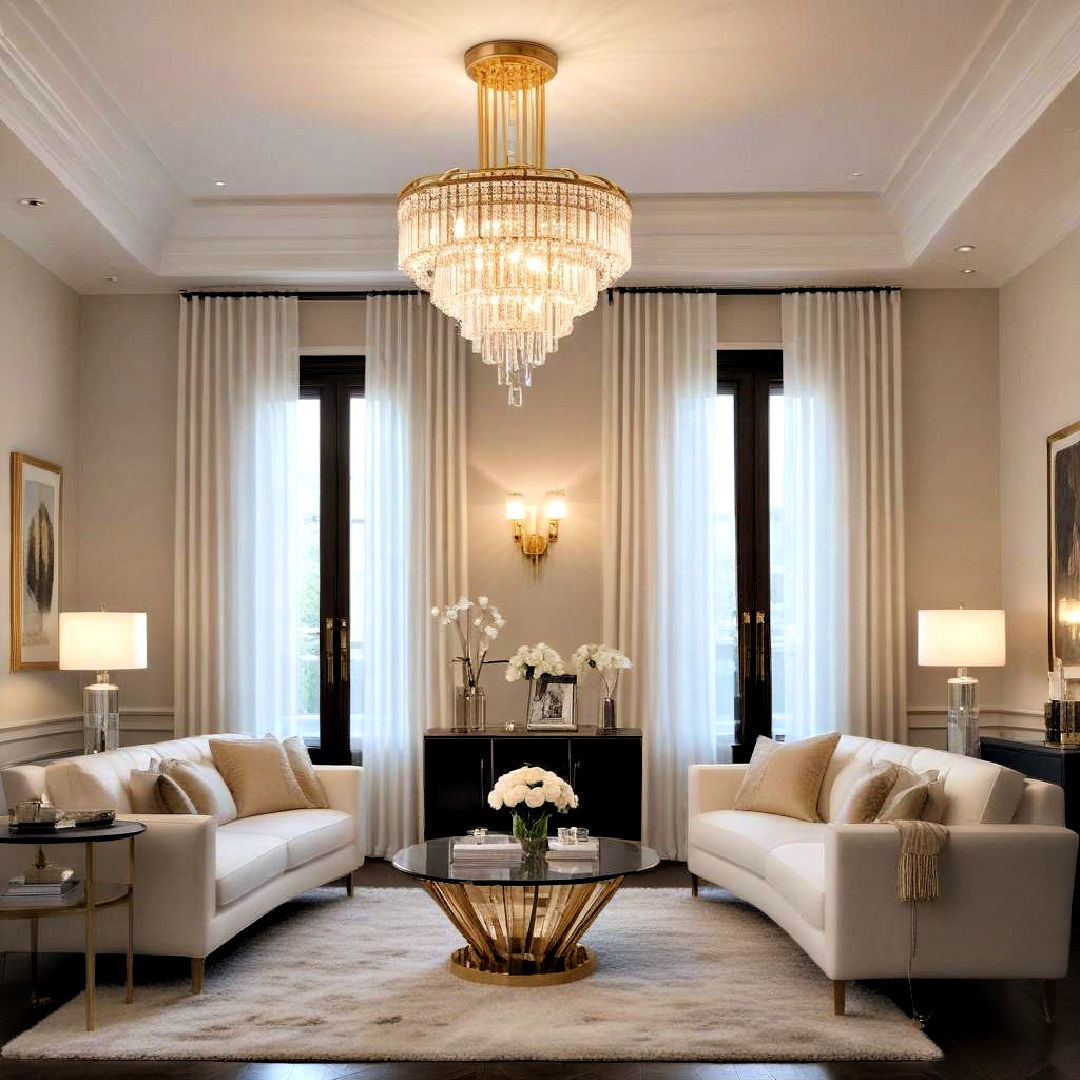 install glamorous lighting fixtures - 25 Art Deco Living Room Ideas