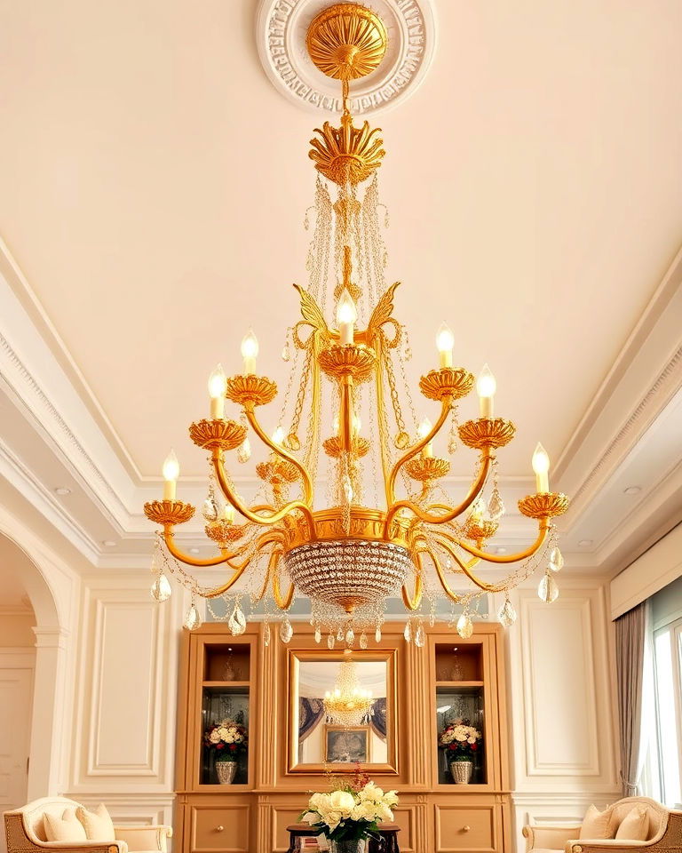 install gold chandelier with cream ceiling - 20 Cream and Gold Living Room Ideas