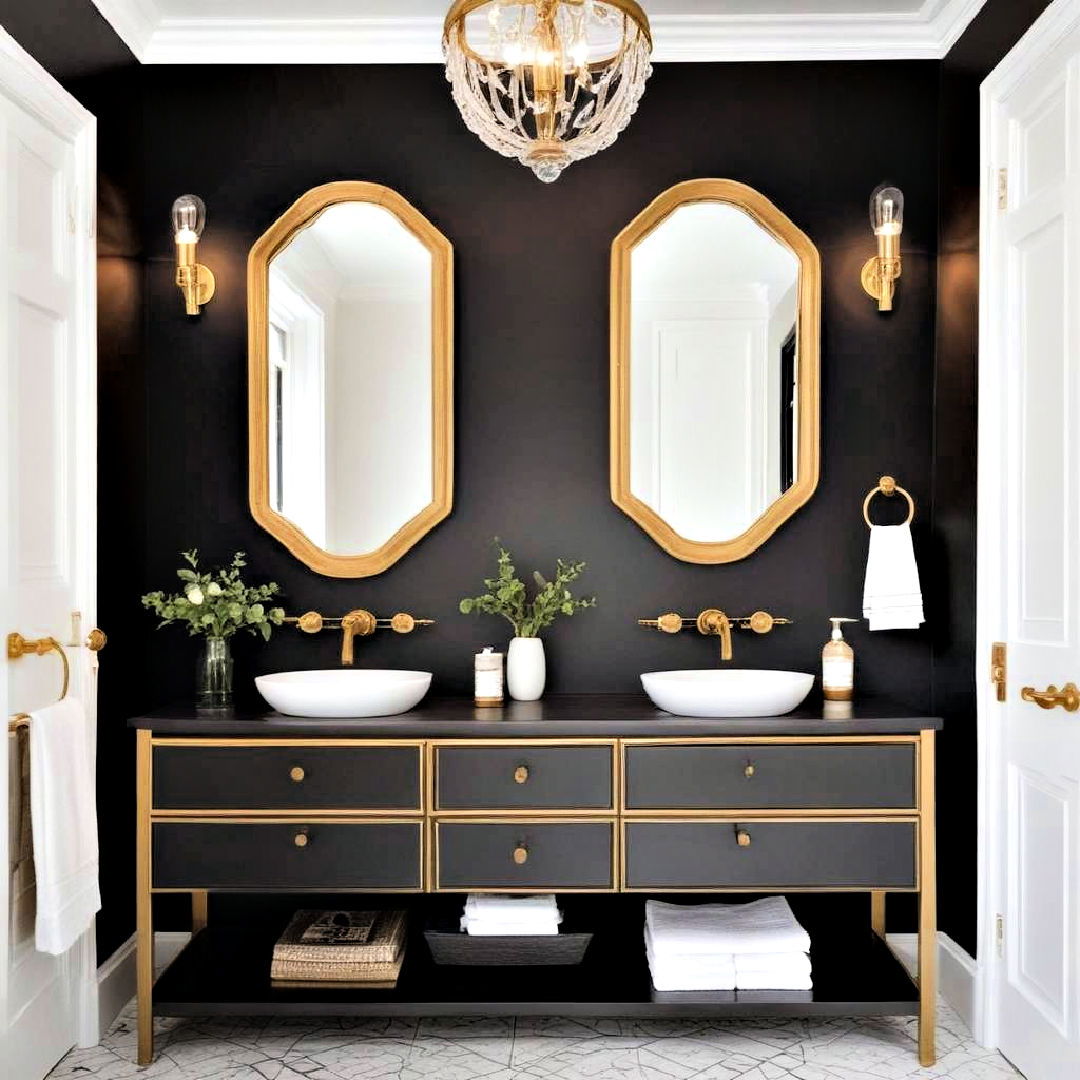 install gold framed mirrors - 20 Black and Gold Bathroom Ideas