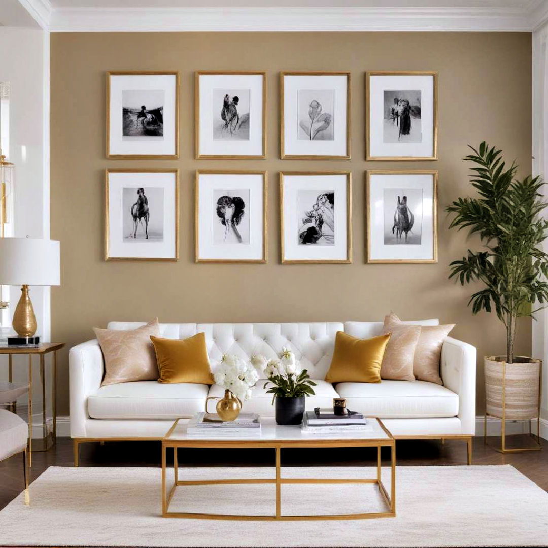 install gold picture frames - 25 White and Gold Living Room Ideas