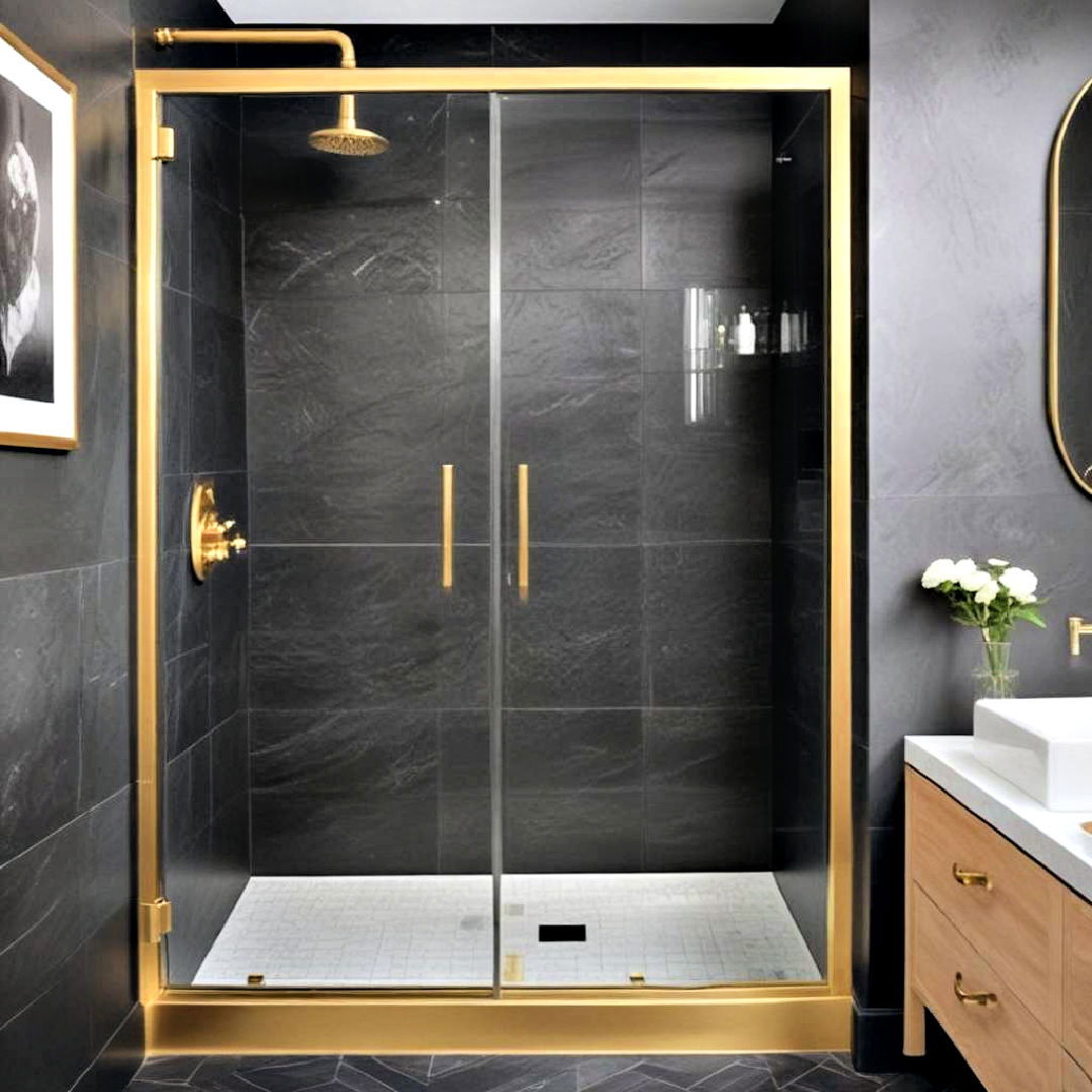 install gold trimmed shower door - 20 Black and Gold Bathroom Ideas