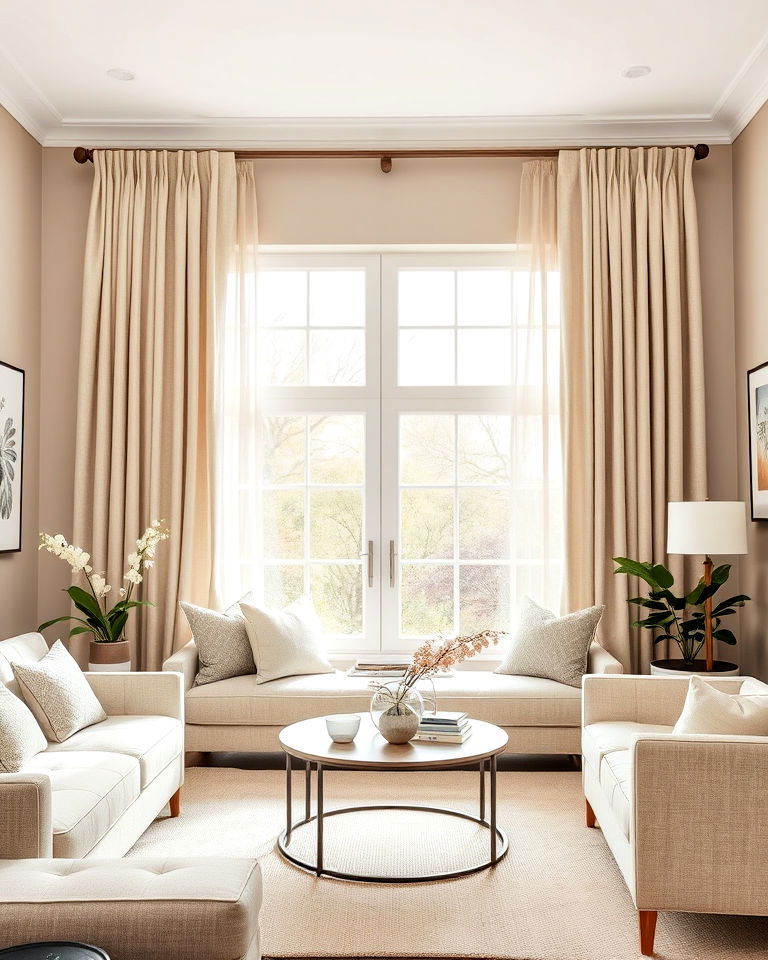 install greige curtains for soft elegance - 20 Greige Living Room Ideas