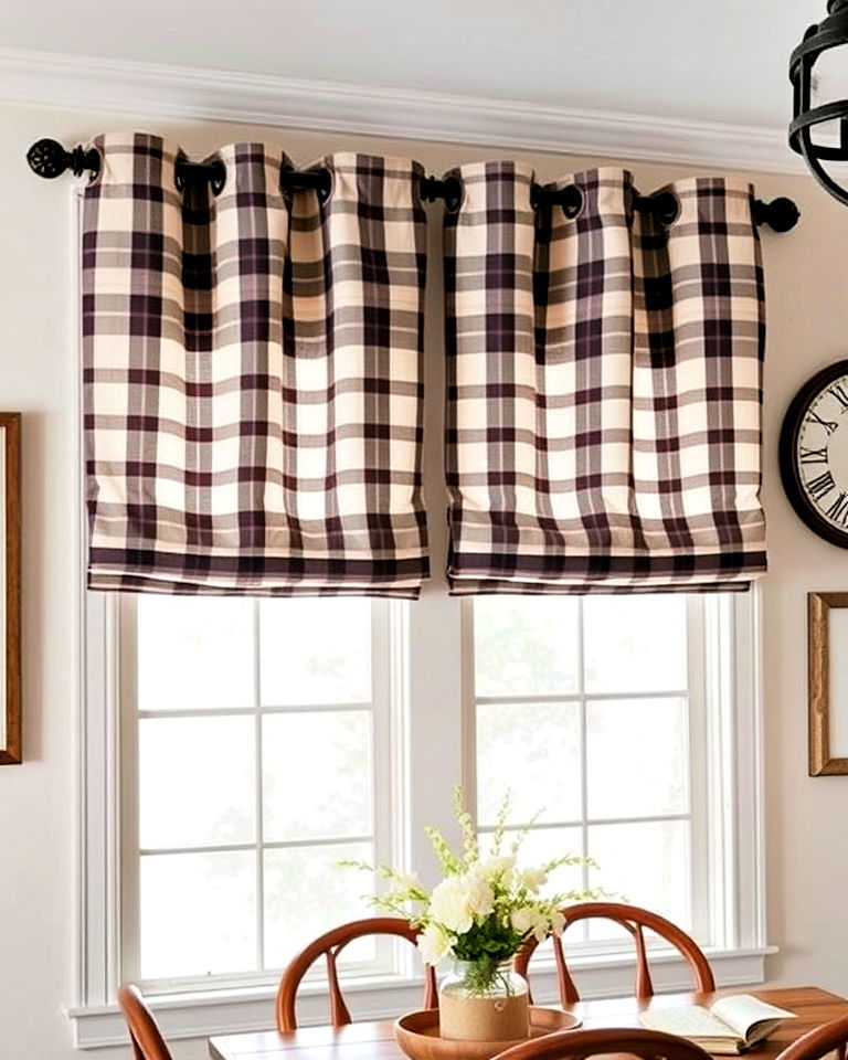 install grommet top curtains with plaid prints - 40 Farmhouse Window Treatment Ideas