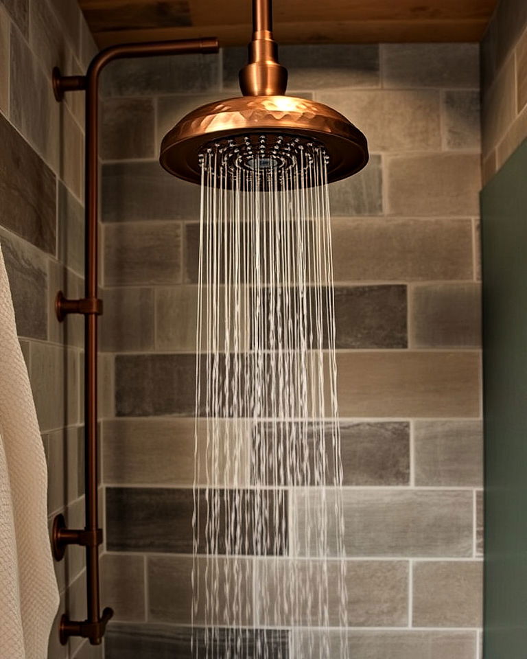 install hammered copper showerhead - 25 Rustic Walk-in Shower Ideas